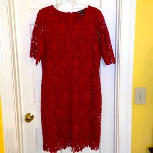 Nina Leonard Vibrant Red Floral Lace Midi Dress